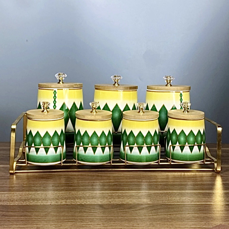 Comercio exterior exportación de cerámica de lujo ligera condimento cocina cubierta de madera condimento caja de cuentas superior conjunto de comercio con estante de contenedor