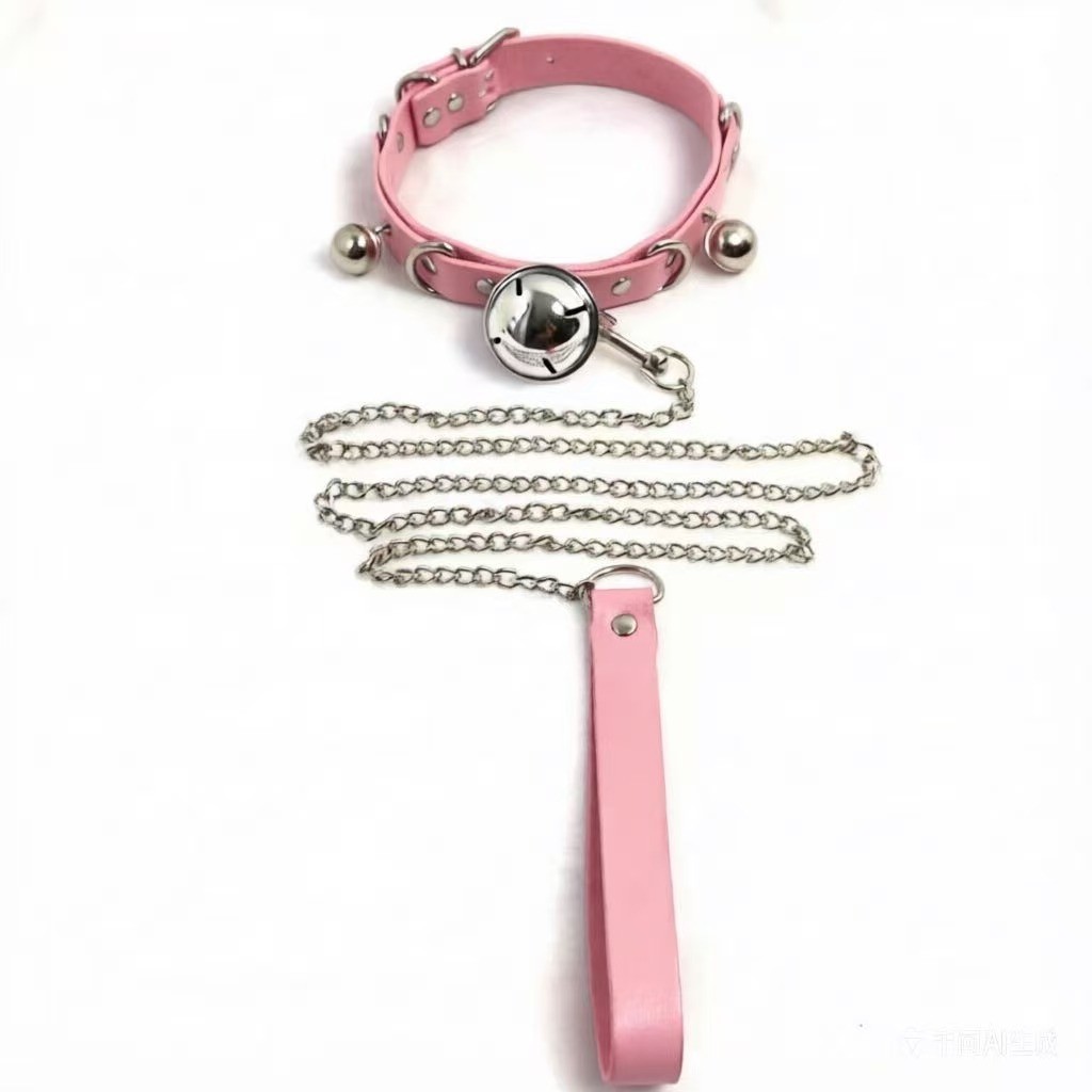 Women’s Collar with Bell and Leash in White, Leather Neck Ring Accessory — detail image 11