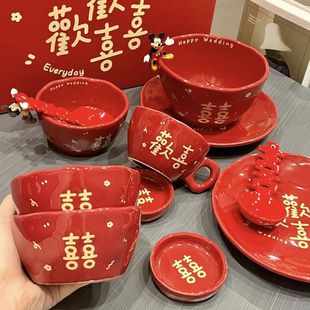 Chinese Festive Ins Wedding Tableware Ceramic Household Red Bowl Housewarming Bowl and Plate Set High-Value Bowl and Plate Set
