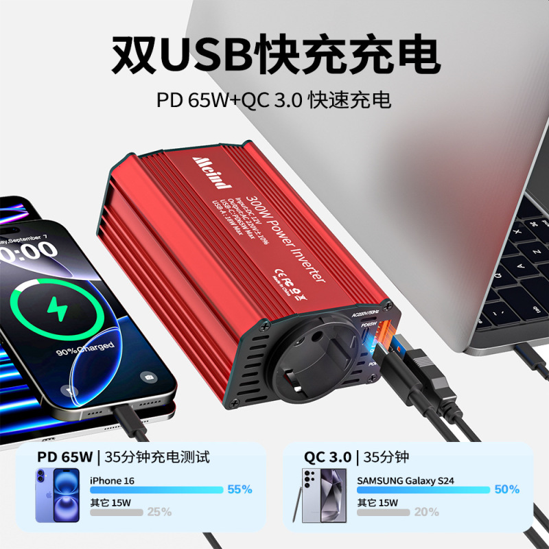 跨境欧洲爆款300W车载逆变器电源转换器欧规插座快充QC3.0+PD65W|undefined