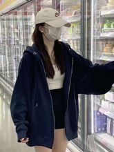 藏青色棉开衫拉链卫衣外套女宽松oversize加绒加厚春秋款潮ins