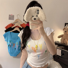 5102#夏季新款甜美风蝴蝶印花设计短款T恤显瘦修身女一体式带胸垫
