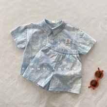 男童衬衫夏装套装新款韩版帅气时髦儿童扎染短袖衬衣短裤两件套潮