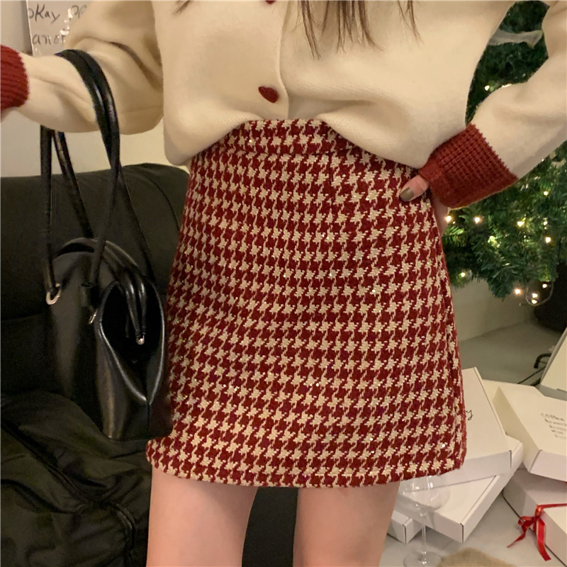 French retro style red plaid high waist skirt women's autumn and winter new Christmas atmosphere houndstooth all-match skirt