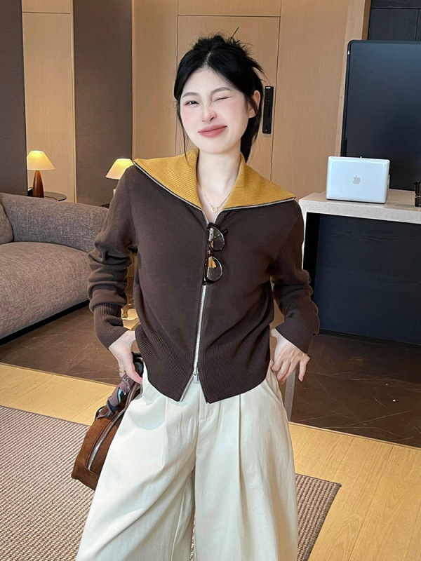 韩系白色海军领拉链针织开衫外套秋季新款女装设计感外穿长袖上衣|undefined