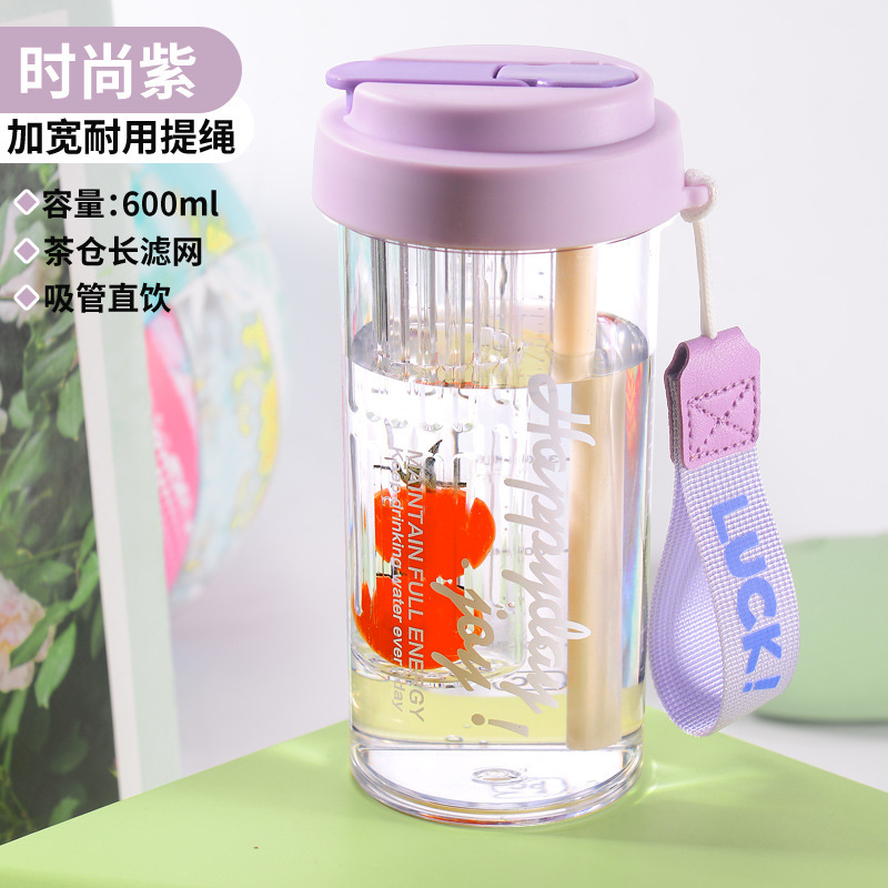 女の子用の透明なポータブルプラスチックカップ、アウトドアスポーツストローカップ、シンプルな高温耐性のティーセパレーター付きフラワーティーカップ|undefined