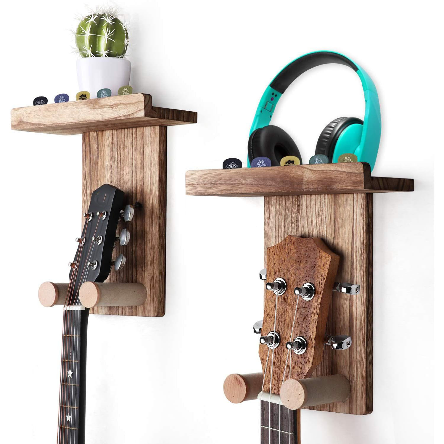 2-Piece Set of Durable Rustic Iron Guitar Wall-Mounted Hangers, Pick Holders, Wooden Wall Hooks for Acoustic/Electric/Bass Guitars