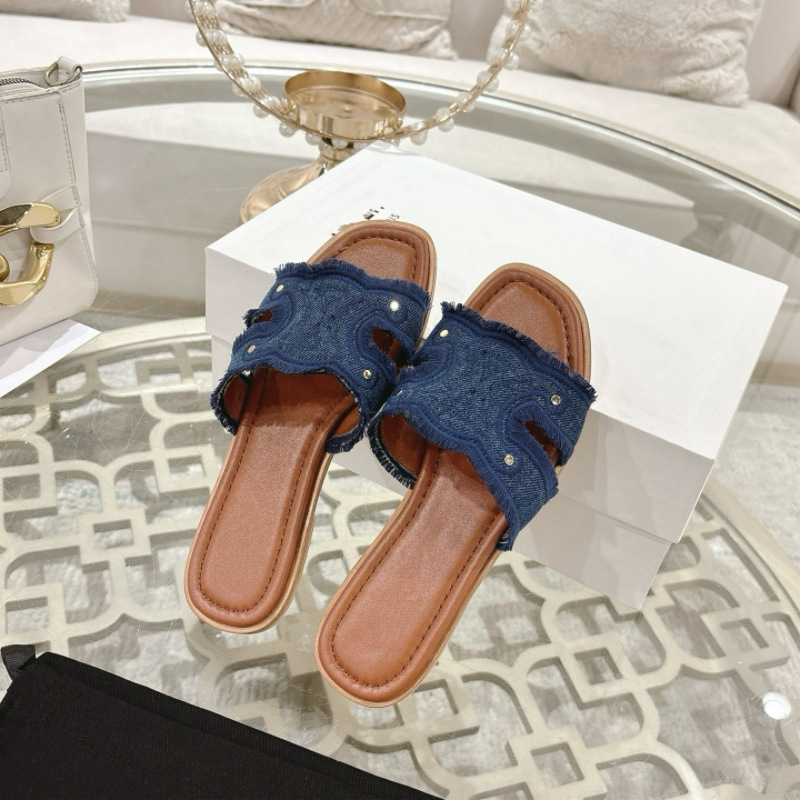 鼎版！女性がデニムブルーのフレンチスリッパを着用できるトライアンフアーチのフラットスリッパ、レトロなスタイル|undefined