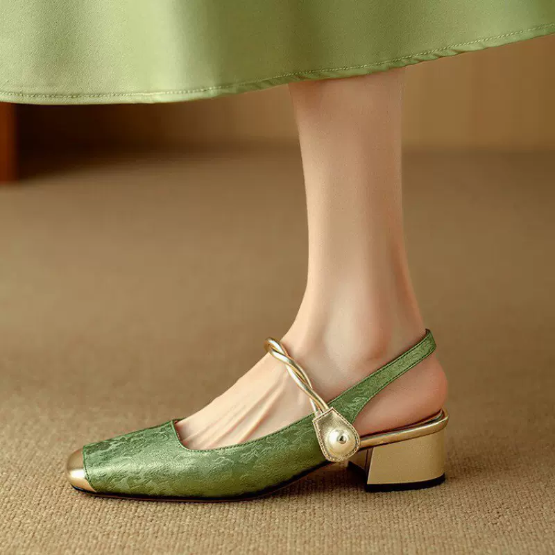 外贸爆款新中式国风玛丽珍凉鞋包头后空女单鞋2024夏新款半托凉鞋