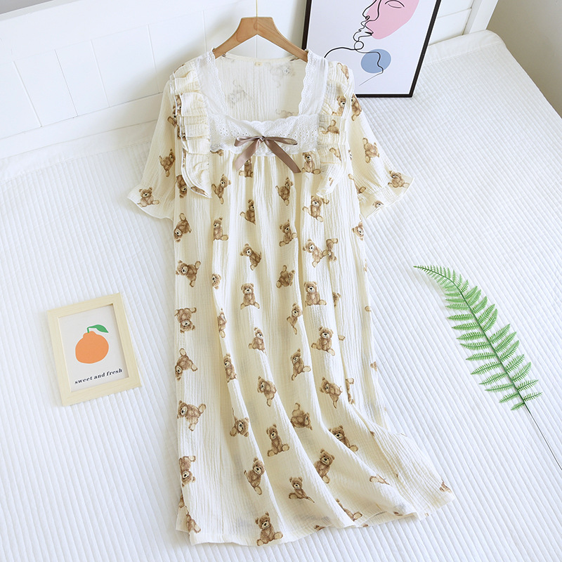 夏季新款纯棉绉布睡衣女全棉双层纱布款连衣裙大码女短袖睡裙舒适