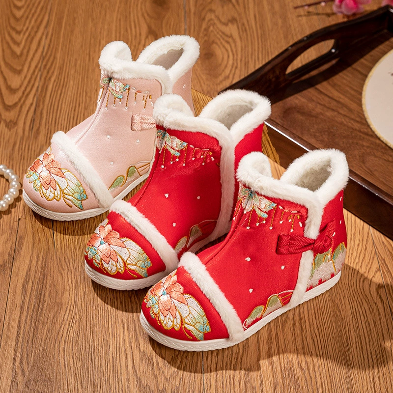 Hanfu сапоги для девочек древний стиль Hanfu обувь зимний костюм для детей вышитая обувь детское бархат с юбкой из конского лица хлопчатобумажные туфли