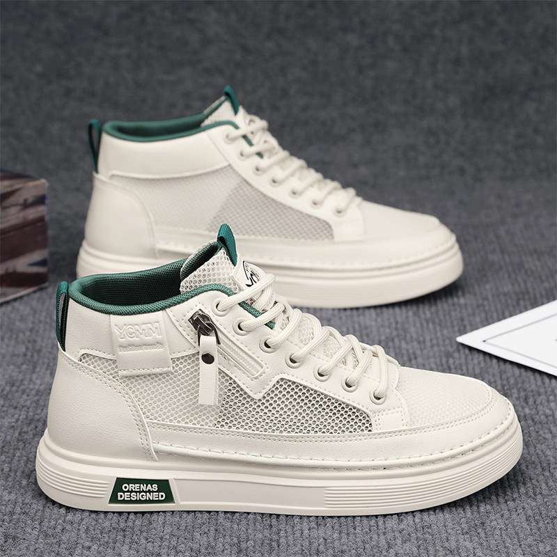 Zapatos de hombre transfronterizos primavera red transpirable delgada hueco zapatos de red deportivos casuales con suela gruesa y altura zapatos de tabla blanca