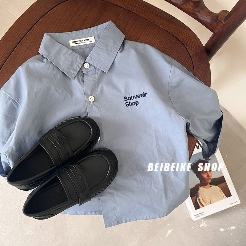 Cross-border boys' 2026 new style pure 100 white shirt for baby boys, early spring, handsome, loose and thin, letter design for spring and autumn.