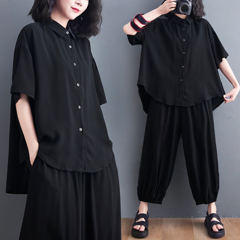 Three colors in stock, lapel button cardigan spring Japan Korea new black big size shirt T-shirt top