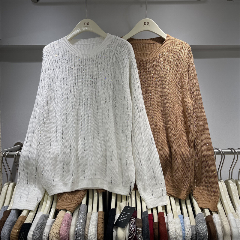 欧美跨境重工烫钻圆领针织衫女秋冬新款时尚气质宽松内搭打底毛衣