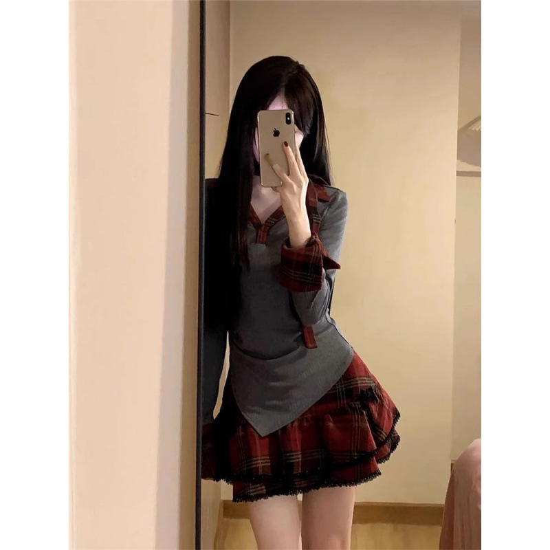 美式甜辣妹格子两件套女早秋学院风拼接长袖上衣蓬蓬半身短裙套装|undefined