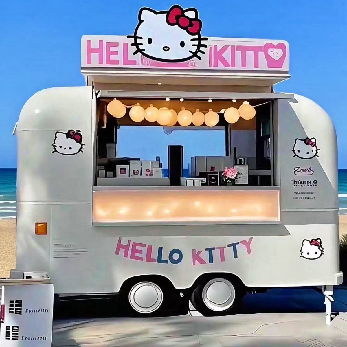 Carritos de comida comerciales en zonas turísticas, modernos food trucks, puestos en zonas turísticas que ofrecen té con leche y barbacoa.