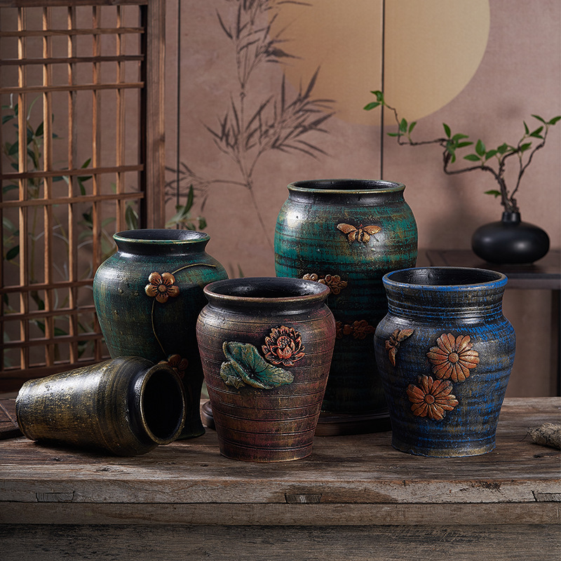 Vintage Creative Rough Pottery Succulent Pot with Relief Flowers, Old Stump Master Potted Green Plant Flower Container, Breathable Red Pottery Display