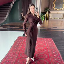 亚马逊欧美2025秋季新款长袖纯色交叉领连衣裙跨境女装系带长裙