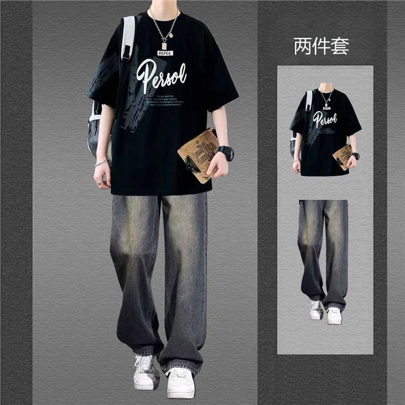 Cross-Border Trendy Brand Tops Paired with Straight-Leg Jeans for Men, Stylish Two-Piece Summer Short-Sleeve T-Shirt Set
