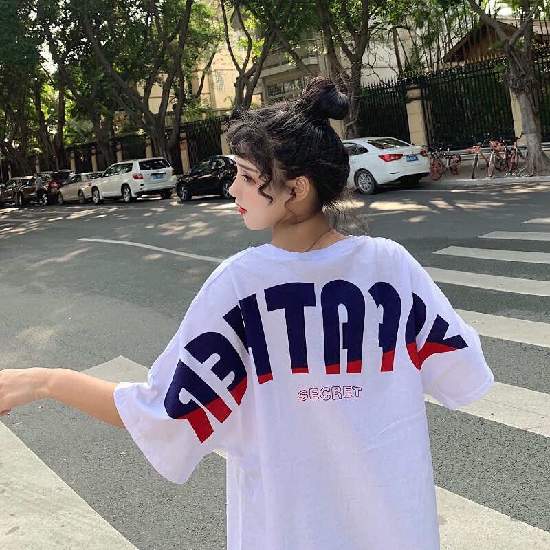 Summer White back letter printing short sleeve t-shirt women's round neck loose long top cross-border women's clothing wholesale