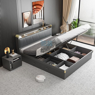 FLE Nordic Multifunctional Pneumatic High Box Storage Bed 1.2 m 1.5 Storage 1.8 Modern Master Bedroom Double