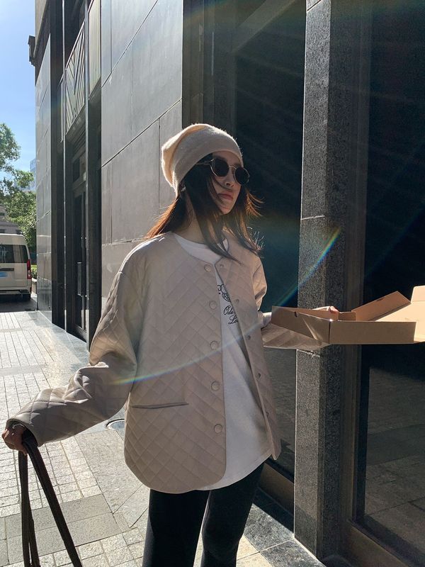 趋梦DT ETOLIE韩系高级感皮质菱格棉服外套女冬夹棉薄款宽松棉衣|undefined