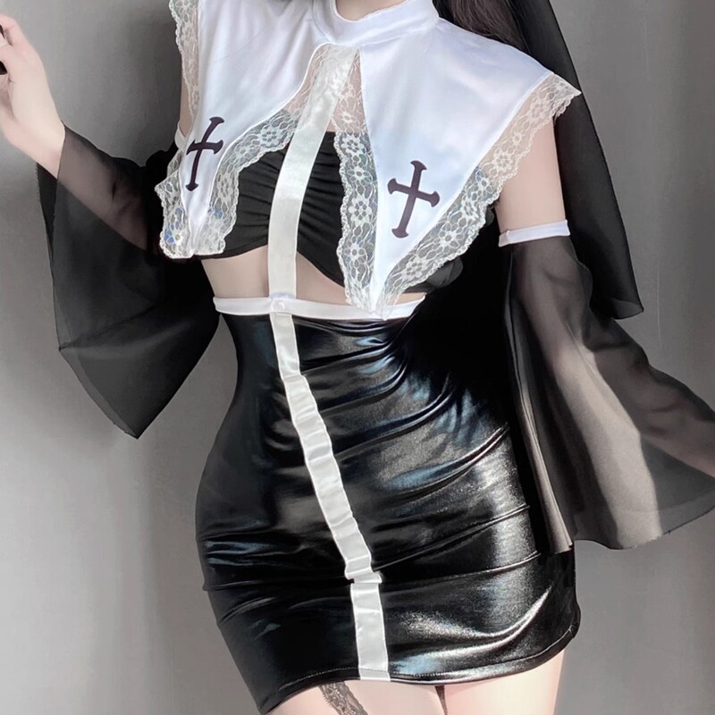 Desire Church Sexy Spice Nuns Dress COS Club Bar Hollow-out Slim-fit Patent Leather PU Hip Dress Uniform