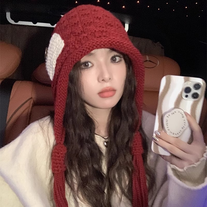 毛线帽子新款时尚贴布流苏红色帽子女秋冬季保暖护耳显脸小针织帽|undefined