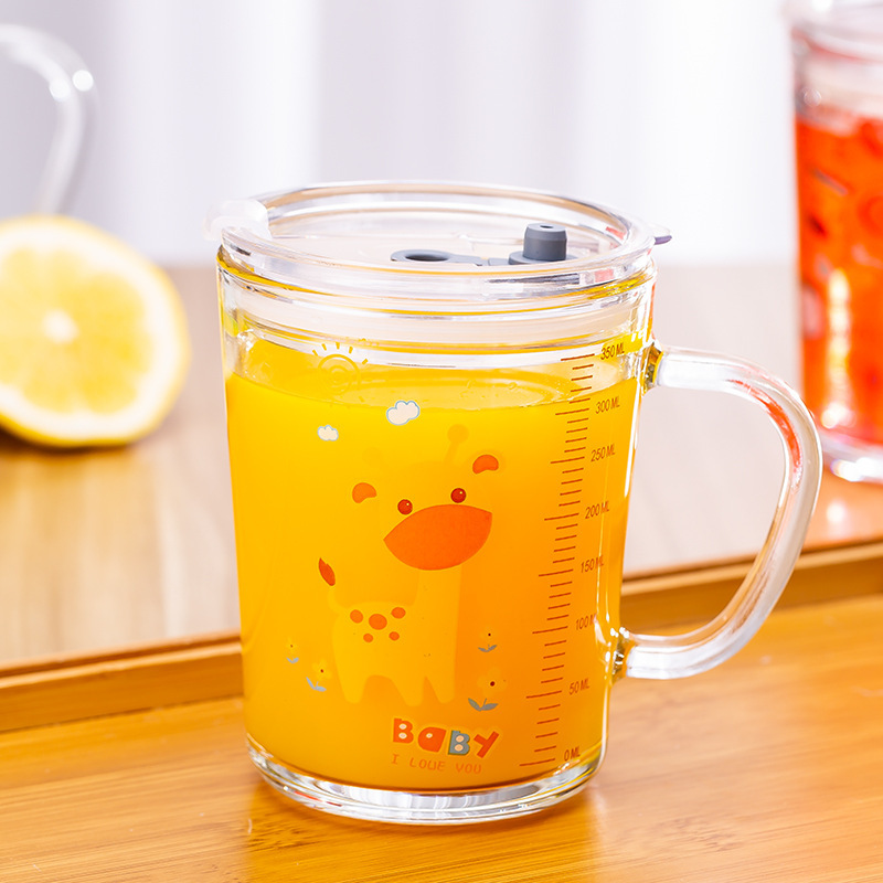 Milk Cup, Special Glass Cup for Kidsren, Graduated Straw Cup with Lid and Handle, Household Wholesale Baby Drinking Cup