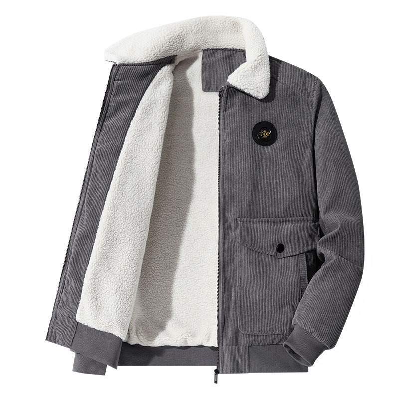 Chaqueta de pana para hombre con múltiples bolsillos, estilo vintage de ropa de trabajo, forro polar de invierno, lana de cordero engrosada, corte holgado, cuello vuelto, abrigo de algodón, transfronterizo.