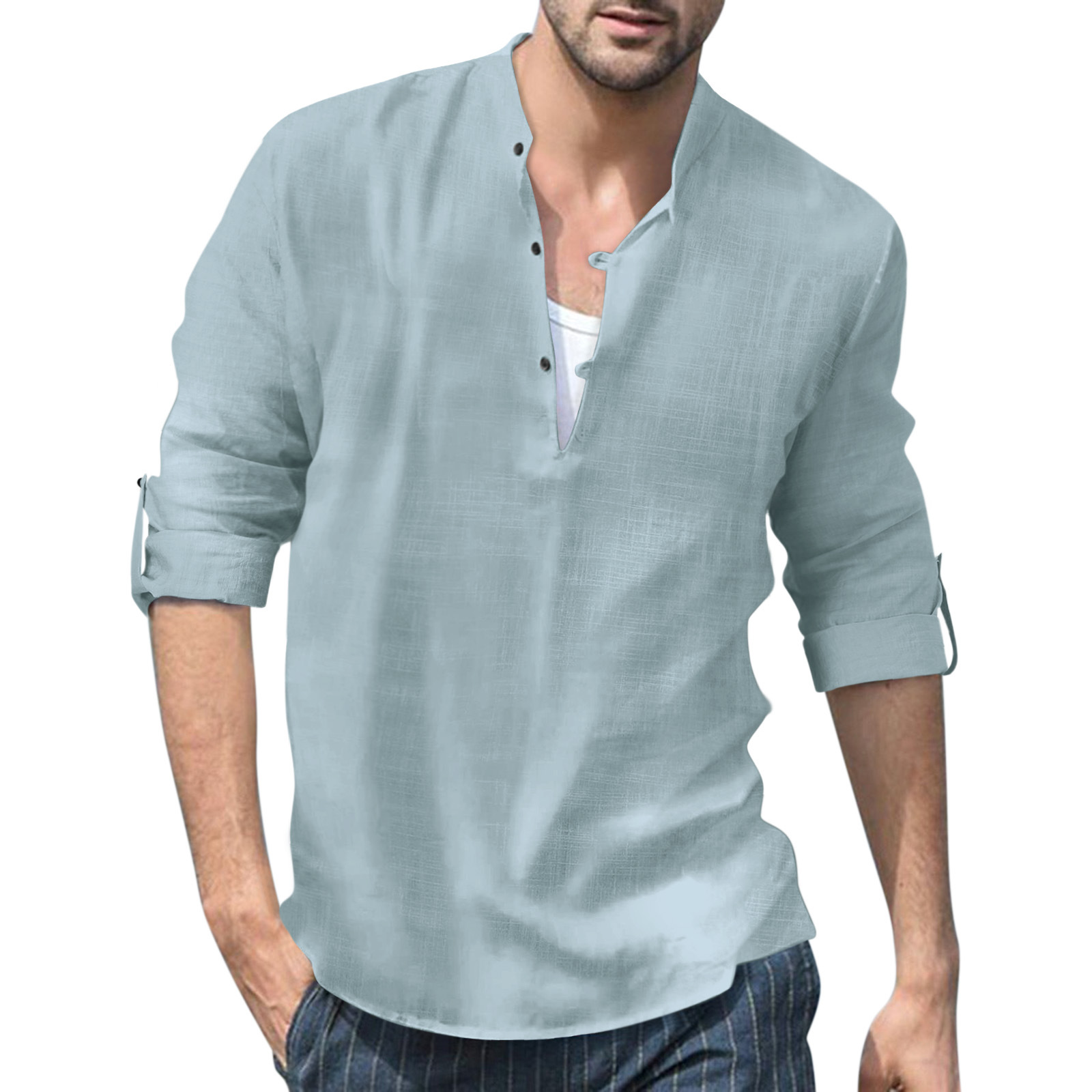 2022 Amazon estación independiente Comercio exterior Otoño e Invierno hombres Lino Henley camisa soporte collar manga larga casual playa camisa