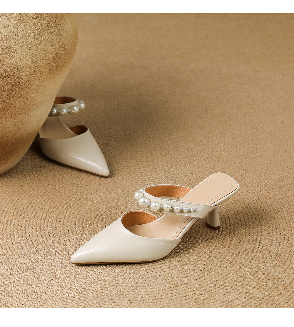 Giày sandal cao gót nữ mũi nhọn da bò, gót mảnh 9 cm, phong cách nữ thần — đen chi tiết 14