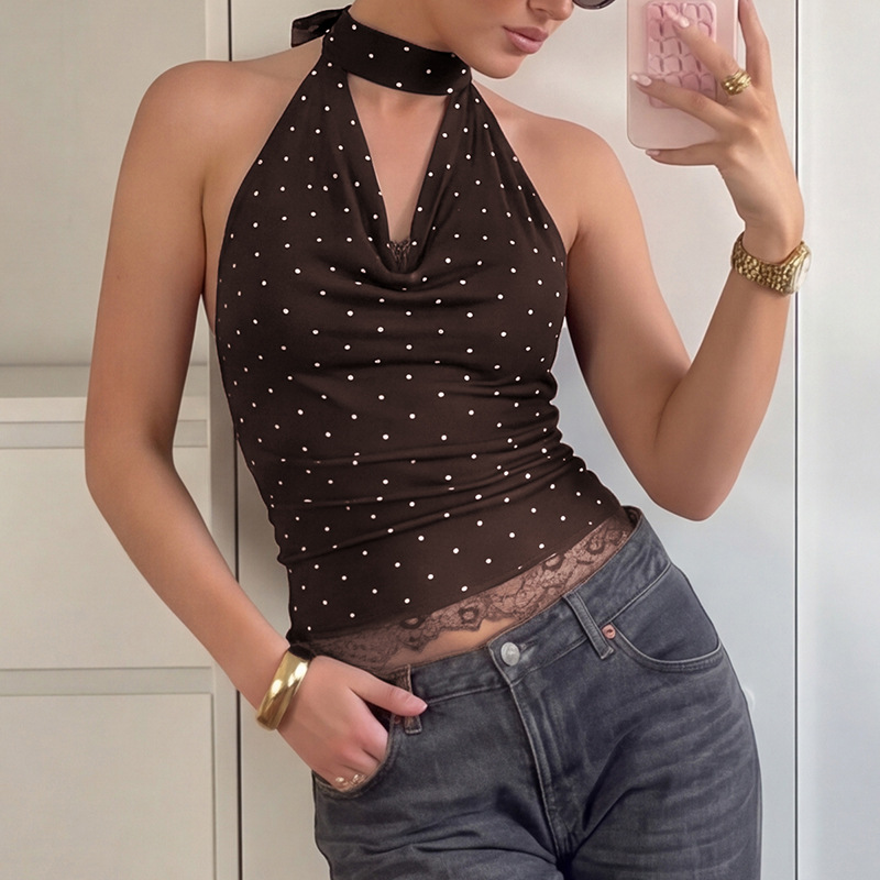 European And American Women's Clothing 2026 Summer New Fashion Polka Dot Lace Slim-fit Versatile Backless Strap-up Tube Top_ecoleips.com