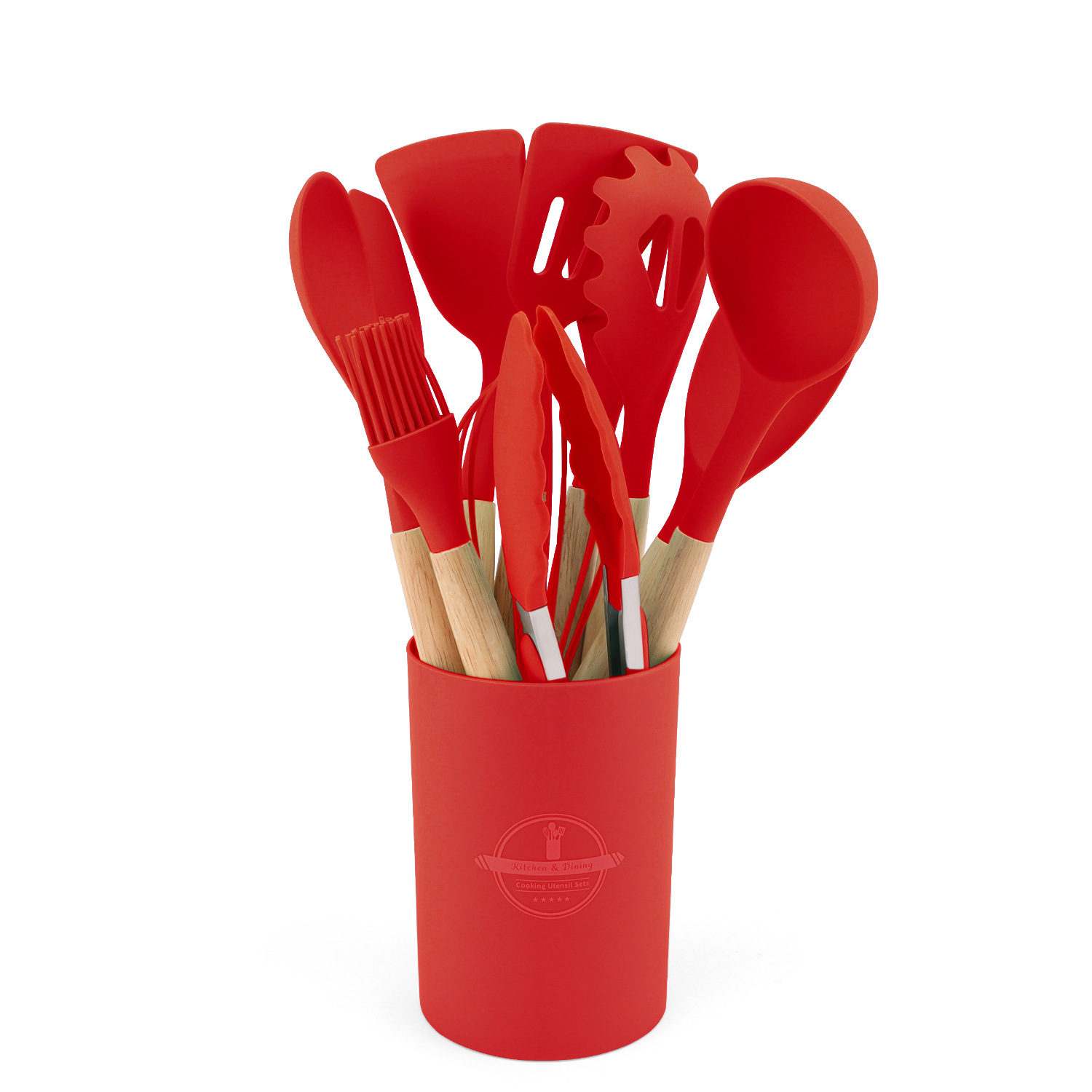 En stock cocina sartén antiadherente barril de almacenamiento mango de madera utensilios de cocina de silicona mango de madera ligera 12 piezas sartén antiadherente pala cuchara traje