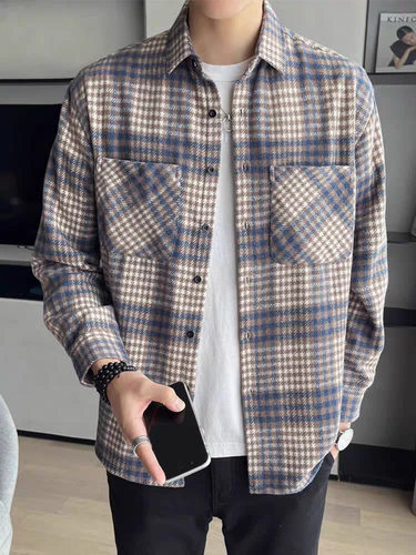 New trendy versatile effortless Japanese blue checkered faux fur digital double pocket jacket Harajuku popular literary Instagram