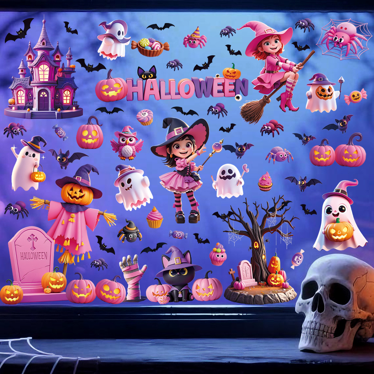 跨境万圣节窗贴粉色万圣女巫3D立体卡通可爱南瓜蝙蝠装饰静电窗贴