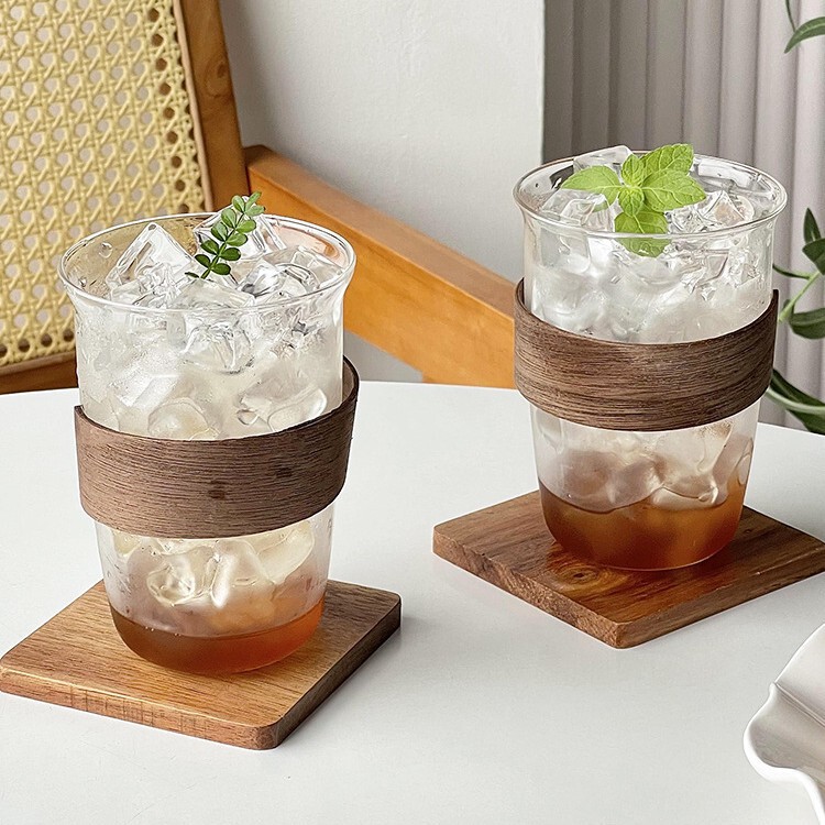 Iced American Latte Coffee Glass Juice Cold Drink Cup with Wooden Ring Household High Borosilicate Glass Milk Breakfast Cup