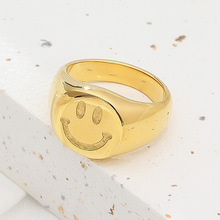 欧美ins时尚简约百搭笑脸戒指不锈钢镀18K金色个性休闲指环饰品