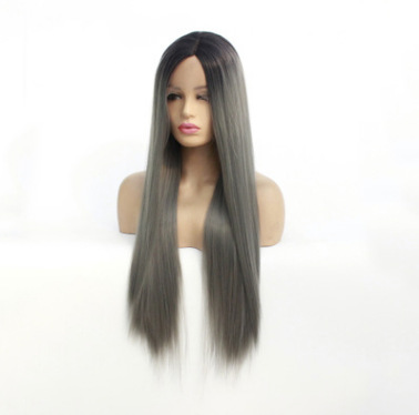 Fijación media recta gris delantera encaje semicimica fibra de seda de alta temperatura peluca LW0029