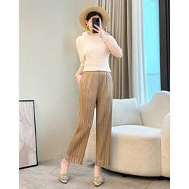 三宅黑色裤子女夏高端褶皱九分裤显瘦时尚百搭垂感宽松直筒休闲裤