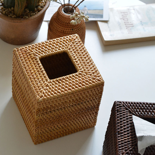 Cross-border export of Nordic rattan Nordic retro creative desktop living room and dining room wooden square tissue box storage