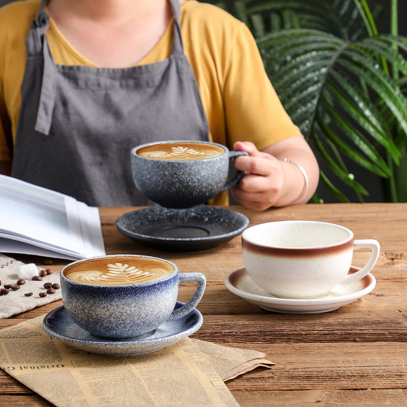 Ceramic Zeita Latte Art Cup Embossed Coffee Cup and Saucer Set 320ml Cafe-Style Mocha Retro Home Use