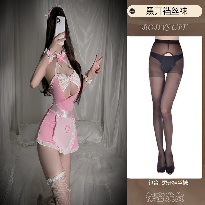 핑크 메이드 복장 + 블랙 오픈 양말