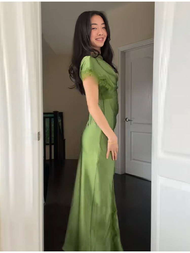 French Retro Satin One Shoulder Dress Slit Design Slim Fit Evening Gown Vintage Formal Party Dress For Women_ecoleips.com