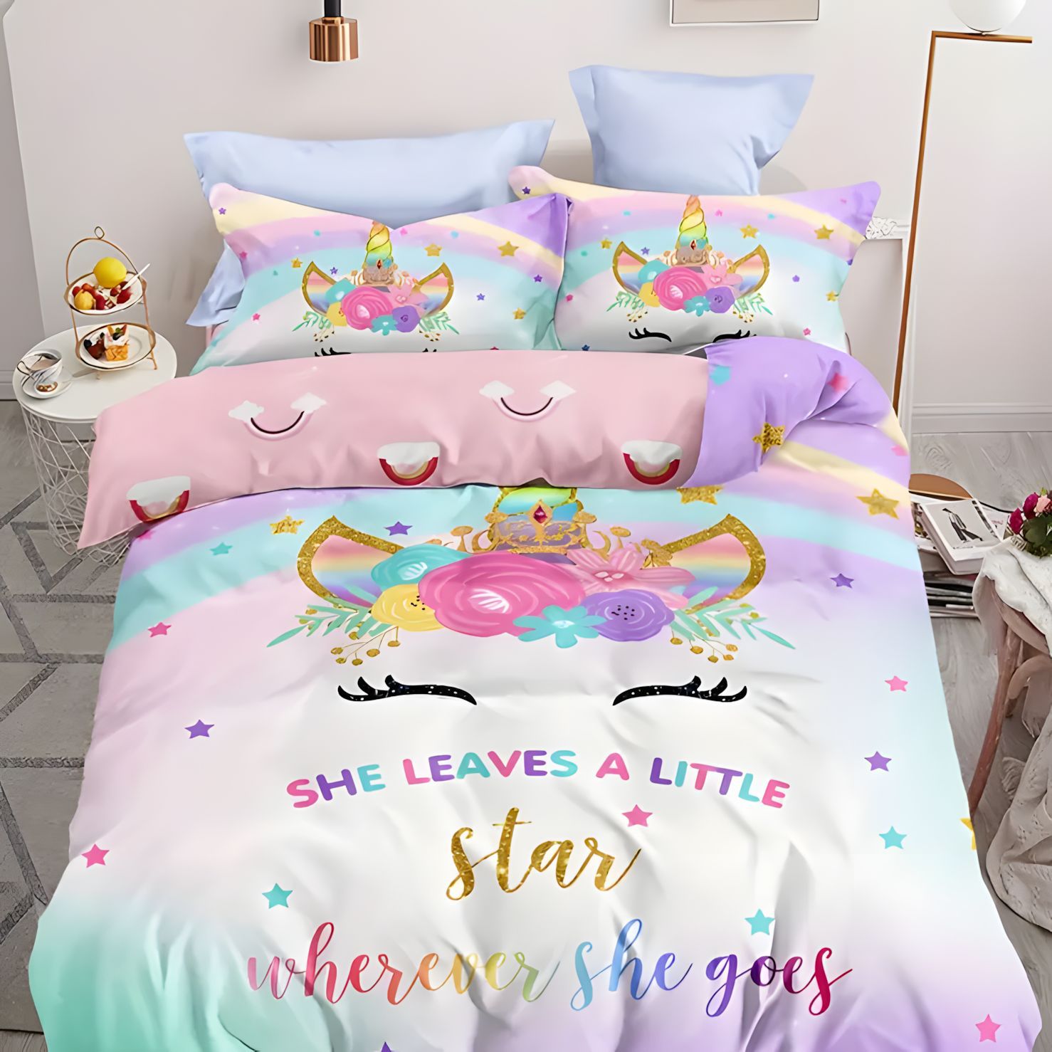 TEMU / JIT Sweet Child Heart Unicorn Princess Colchón Colchón Kit de ropa de cama para dibujar