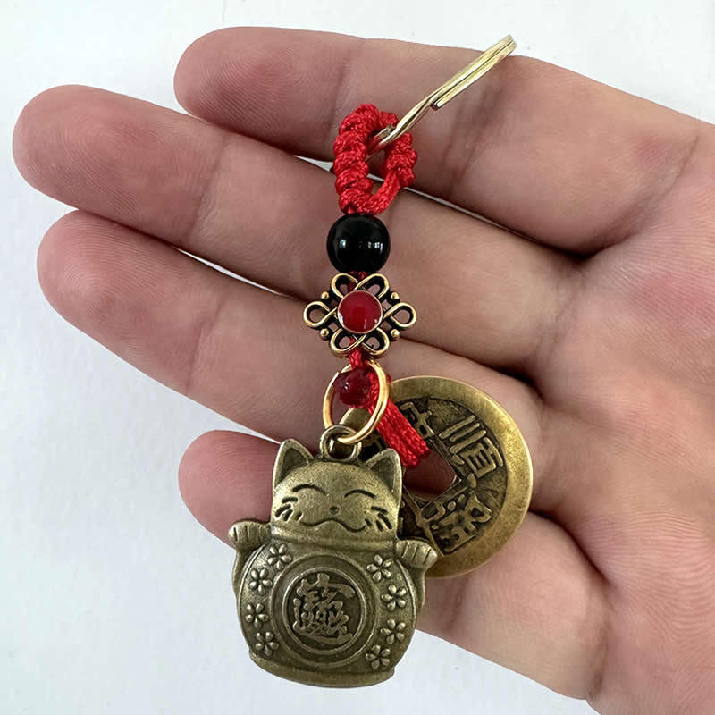 Cross-Border New Retro Lucky Pure Copper Lucky Cat Keychain with Five Emperors Money Lucky Cat Keychain Jewelry Wholesale