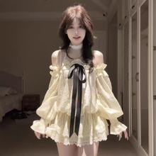 春秋日优雅千金感蝴蝶结一字肩长袖抹胸上衣波点裙裤蕾丝两件套装