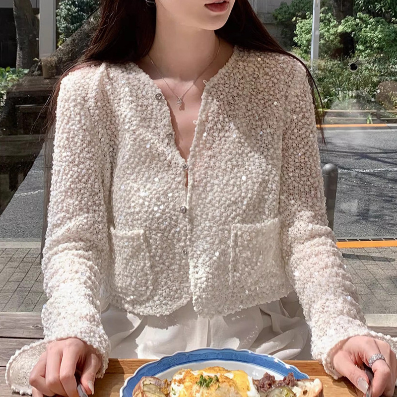 White Transparent Sequined Top, Lightweight and Breathable Short Cardigan