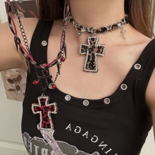 Leopard Print Leather Necklace Cross Clavicle Chain Accessories Y2K Millennial Hottie Japanese Style Harajuku Style Choker Collar
